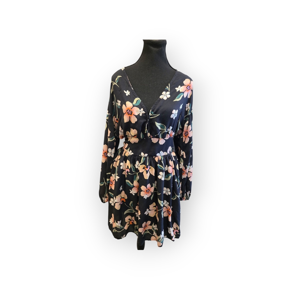 Billabong Black Floral Dress Blouse Babydoll L Womens